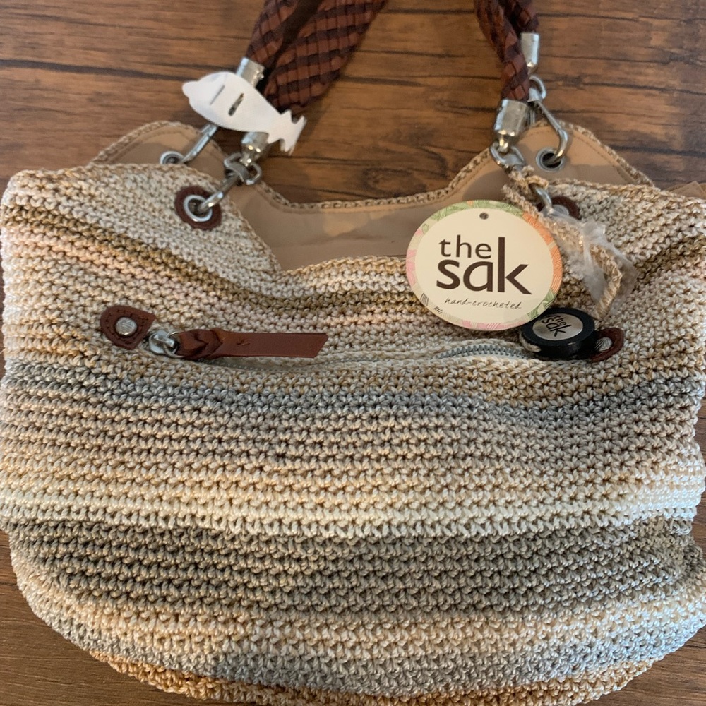 The Sak Crochet Purse Bag Braided Leather Handles Beige Grey Stripes NWT